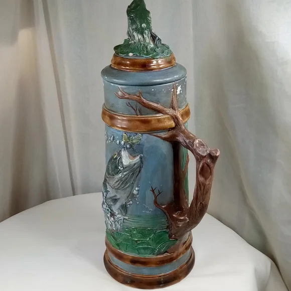 Hand Painted Largemouth Bass Ceramic Stein Tankard With Lid